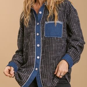 Umgee Black Mixed Media Tweed & Denim Shacket